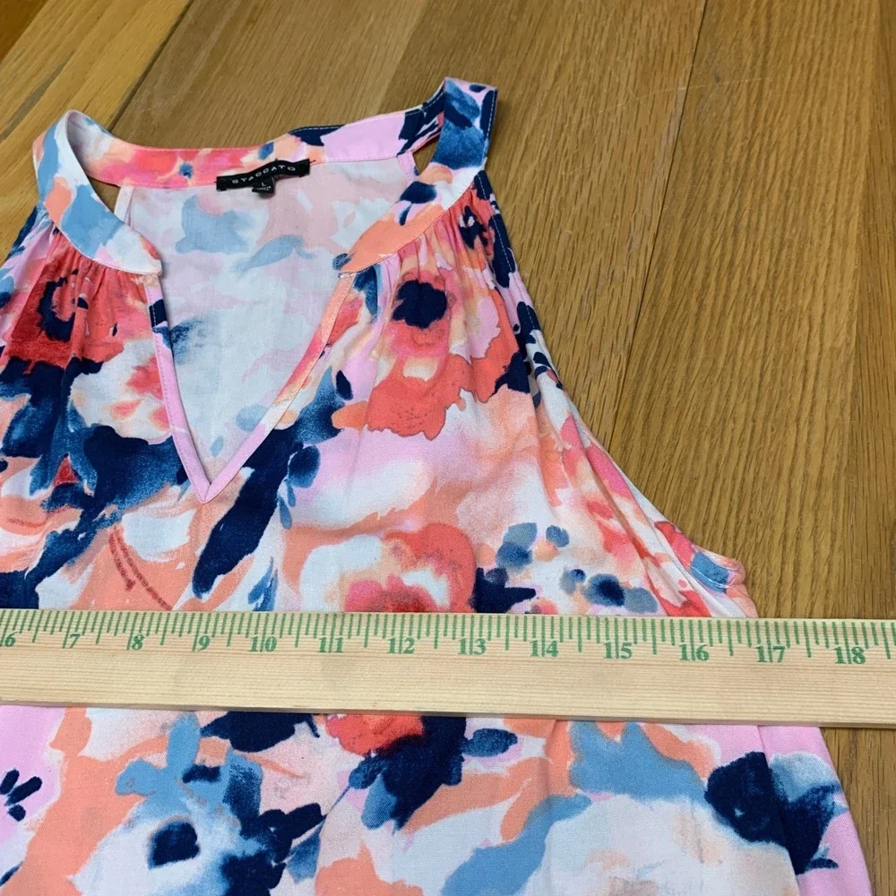 Staccato Pink Blue Floral Tiered Halter V-Neck Rayon Dress Size Large‎ 71397A